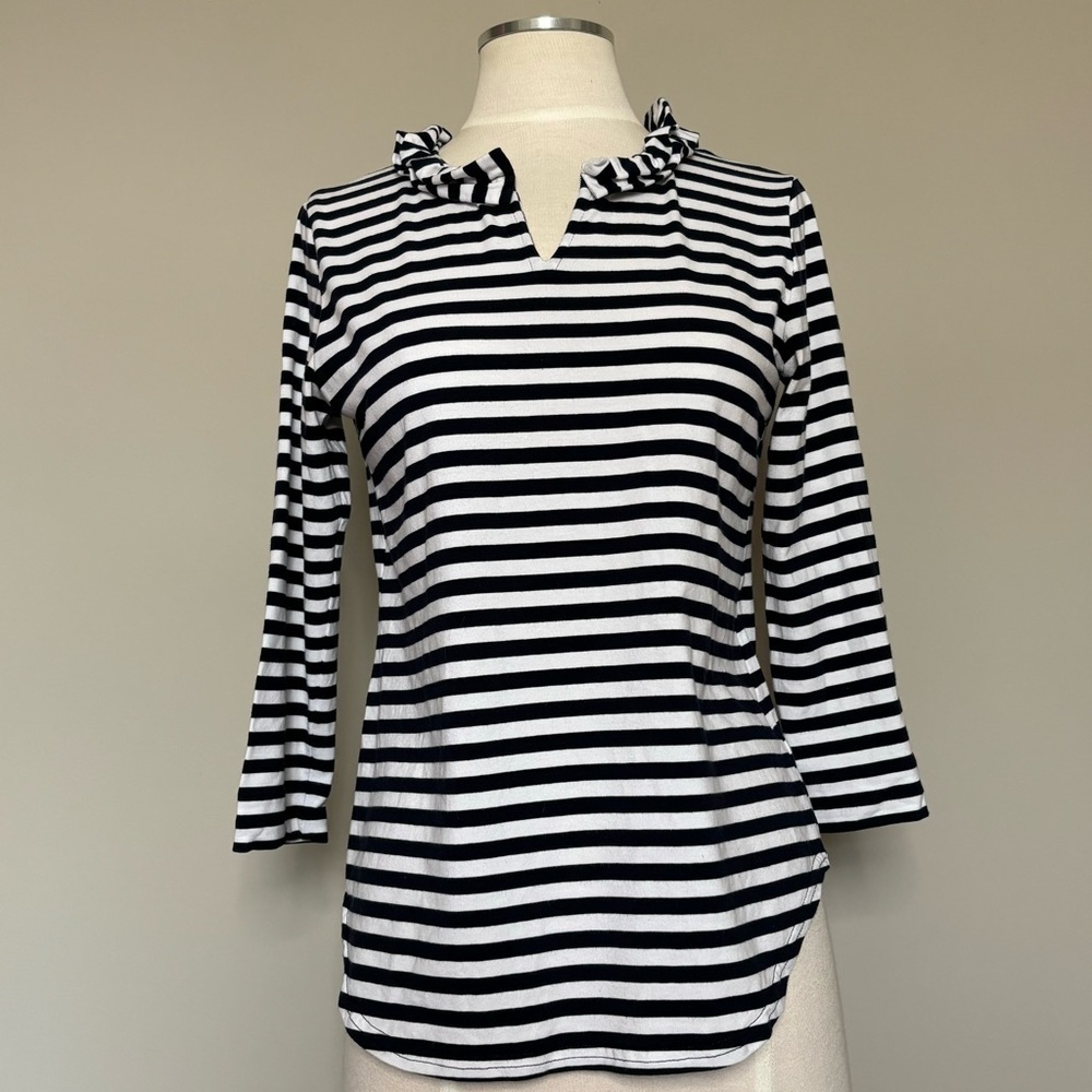 Sara Campbell Striped Ruffle Split Neck Top, Size XS